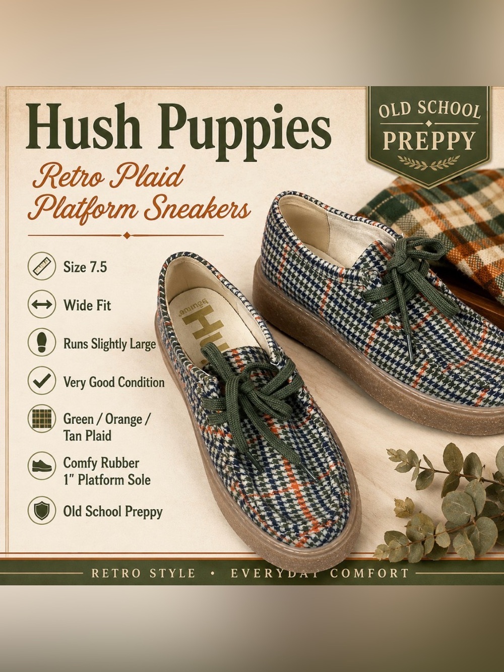 Hush Puppies - Retro style- Plaid loafer shoes- 1” rubber sole
